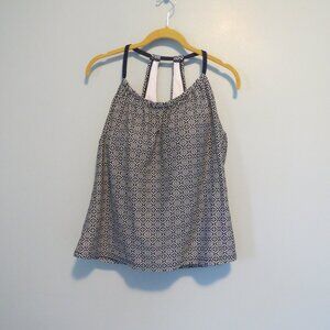 Kona Sol Navy & White Geometric Print Tankini Bathing Suit Top Sz L